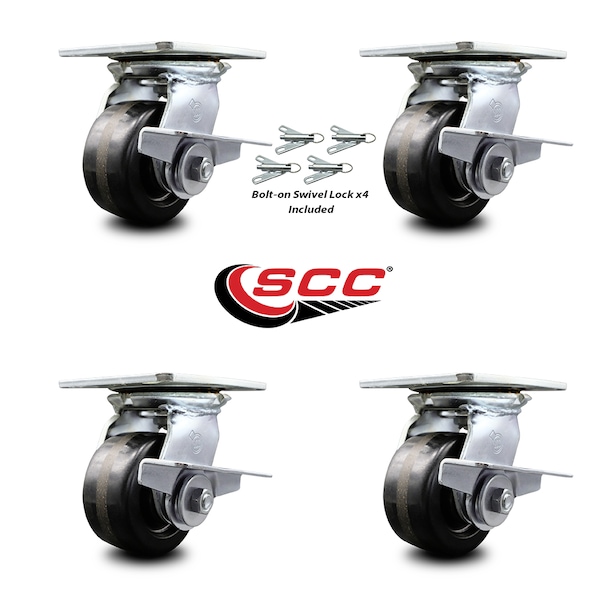 4 Inch Phenolic Caster Set with Ball Bearing and Brakes/Swivel Locks SCC